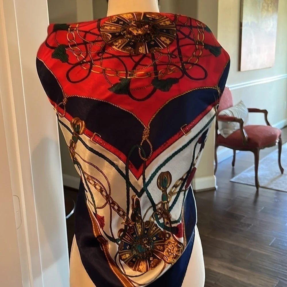 Scarf Green Navy Blue Red Gold Vintage 36” x 36” Soft Luxury Colors